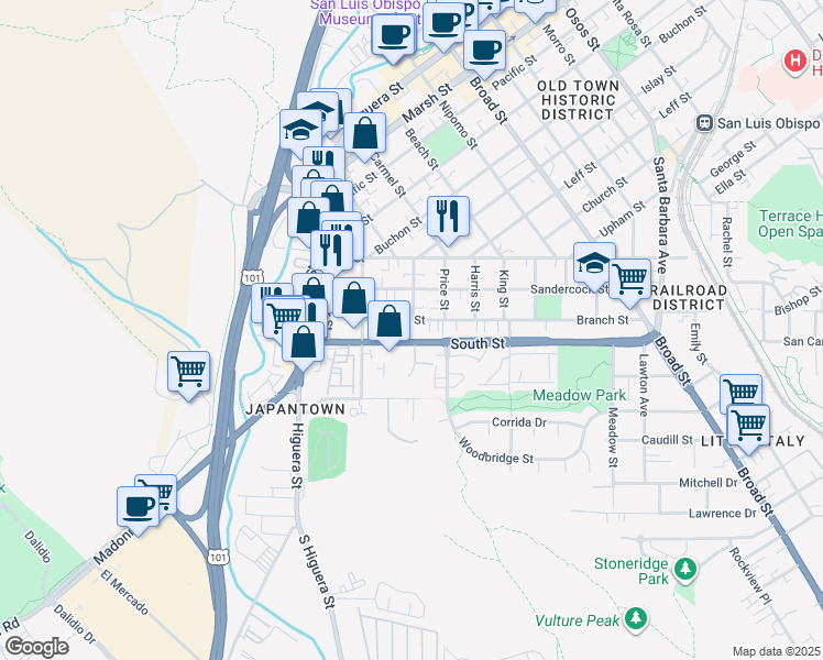 map of restaurants, bars, coffee shops, grocery stores, and more near 302 California 227 in San Luis Obispo