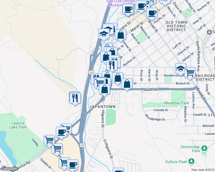 map of restaurants, bars, coffee shops, grocery stores, and more near 200 Higuera Street in San Luis Obispo