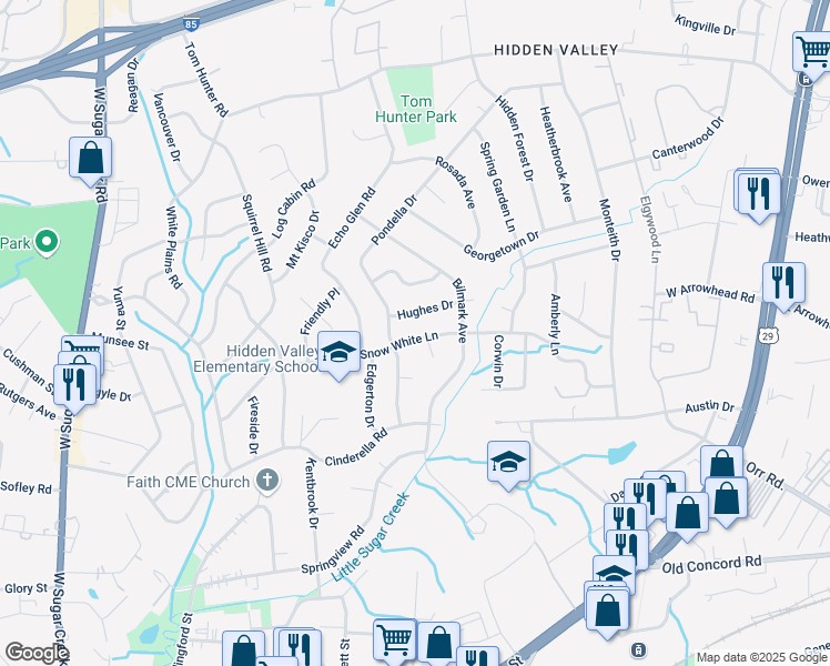 map of restaurants, bars, coffee shops, grocery stores, and more near 5324 Snow White Lane in Charlotte