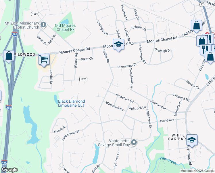 map of restaurants, bars, coffee shops, grocery stores, and more near 8750 Stoneface Road in Charlotte