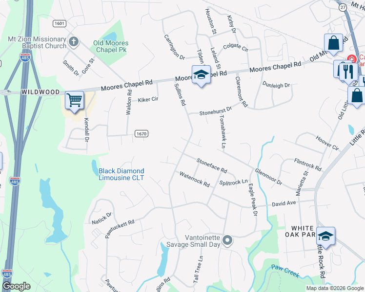 map of restaurants, bars, coffee shops, grocery stores, and more near 8750 Stoneface Road in Charlotte