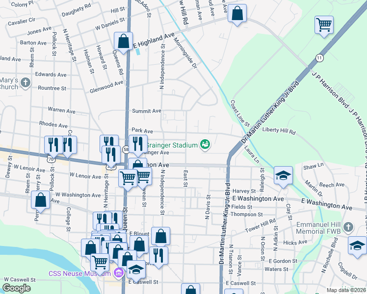 map of restaurants, bars, coffee shops, grocery stores, and more near 400-498 East Grainger Avenue in Kinston
