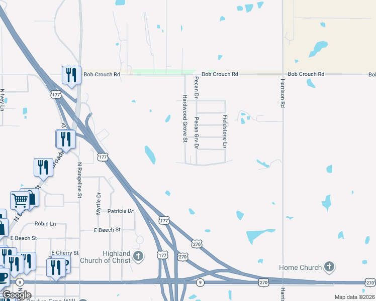 map of restaurants, bars, coffee shops, grocery stores, and more near 1505 Hardwood Grove Street in Tecumseh