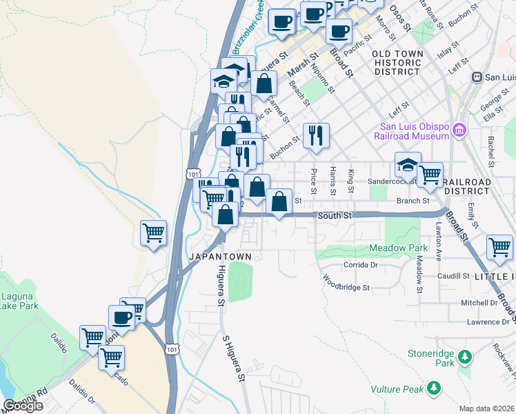map of restaurants, bars, coffee shops, grocery stores, and more near in San Luis Obispo