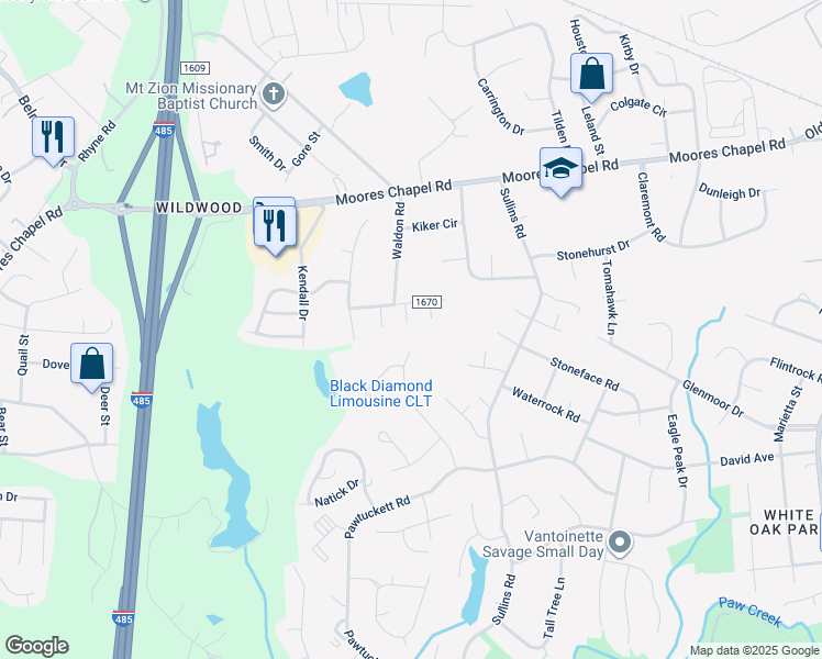 map of restaurants, bars, coffee shops, grocery stores, and more near 1519 Thoreau Court in Charlotte