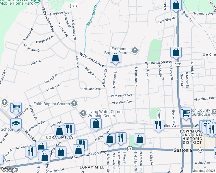 map of restaurants, bars, coffee shops, grocery stores, and more near 508 North Ransom Street in Gastonia