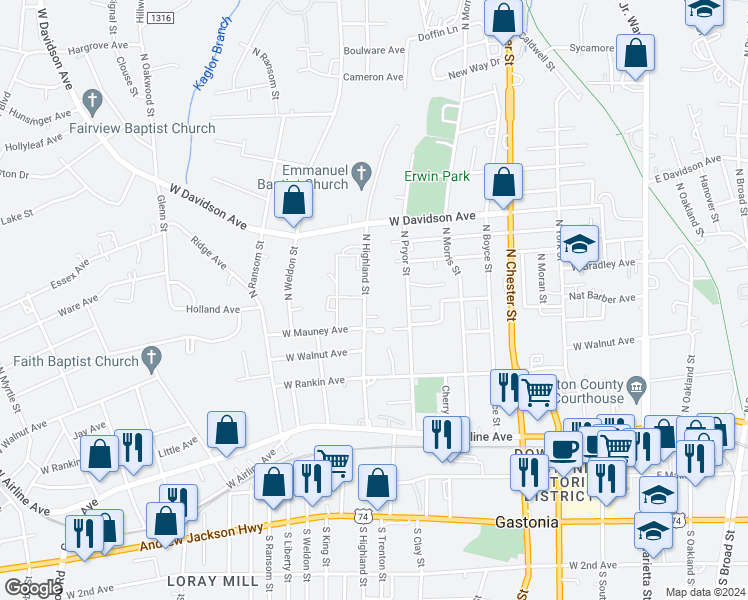 map of restaurants, bars, coffee shops, grocery stores, and more near 416 North Highland Street in Gastonia
