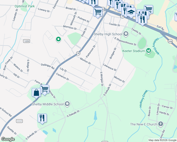 map of restaurants, bars, coffee shops, grocery stores, and more near 227 Southfork Drive in Shelby