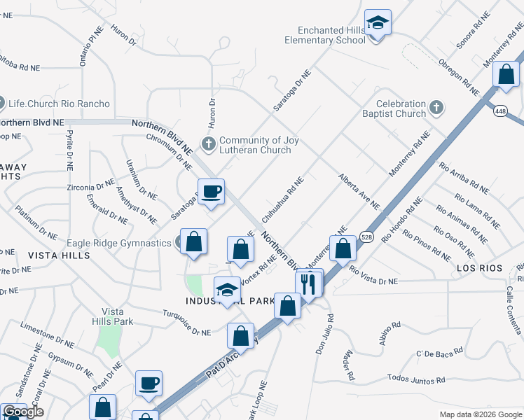 map of restaurants, bars, coffee shops, grocery stores, and more near 708 Chihuahua Road Northeast in Rio Rancho