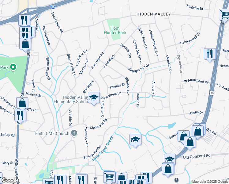 map of restaurants, bars, coffee shops, grocery stores, and more near 5324 Snow White Lane in Charlotte