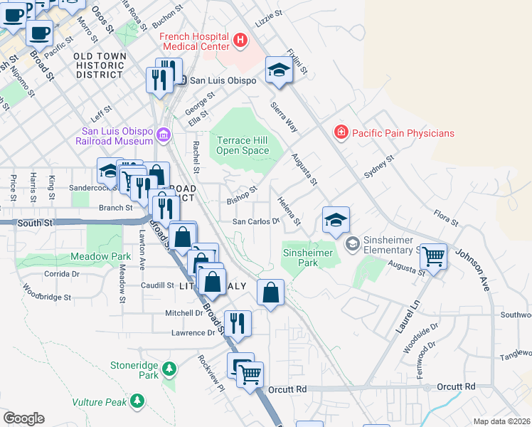 map of restaurants, bars, coffee shops, grocery stores, and more near 2375 Boulevard Del Campo in San Luis Obispo