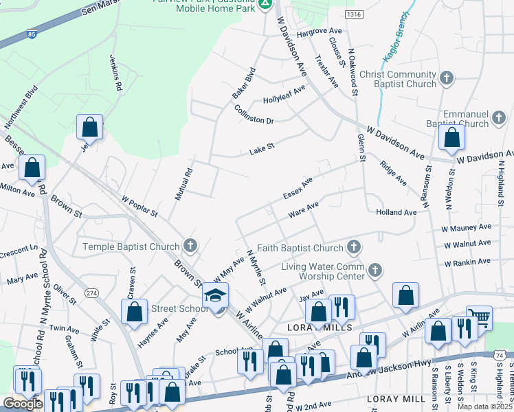 map of restaurants, bars, coffee shops, grocery stores, and more near 1408 Essex Avenue in Gastonia