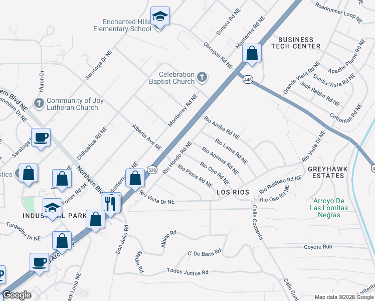 map of restaurants, bars, coffee shops, grocery stores, and more near 4815 Rio Oso Road Northeast in Rio Rancho