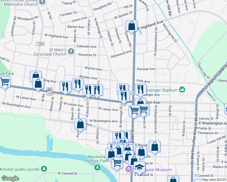 map of restaurants, bars, coffee shops, grocery stores, and more near 805-899 N Herritage St in Kinston