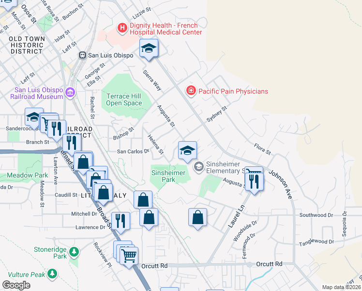 map of restaurants, bars, coffee shops, grocery stores, and more near 1239 Sydney Street in San Luis Obispo
