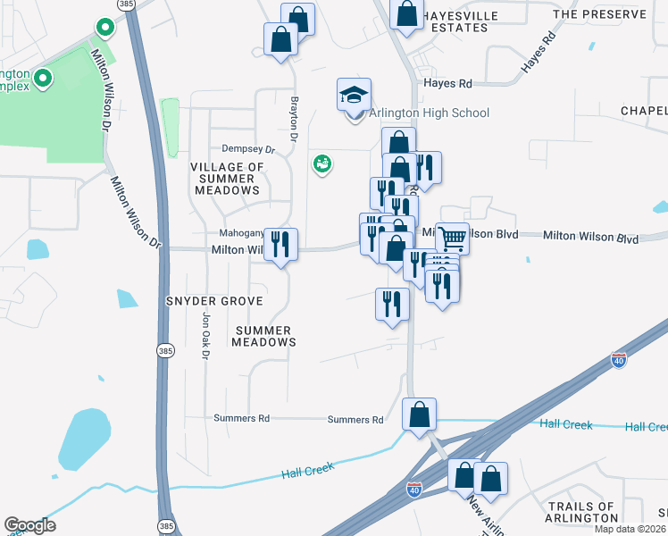 map of restaurants, bars, coffee shops, grocery stores, and more near 5291 Airline Road in Arlington