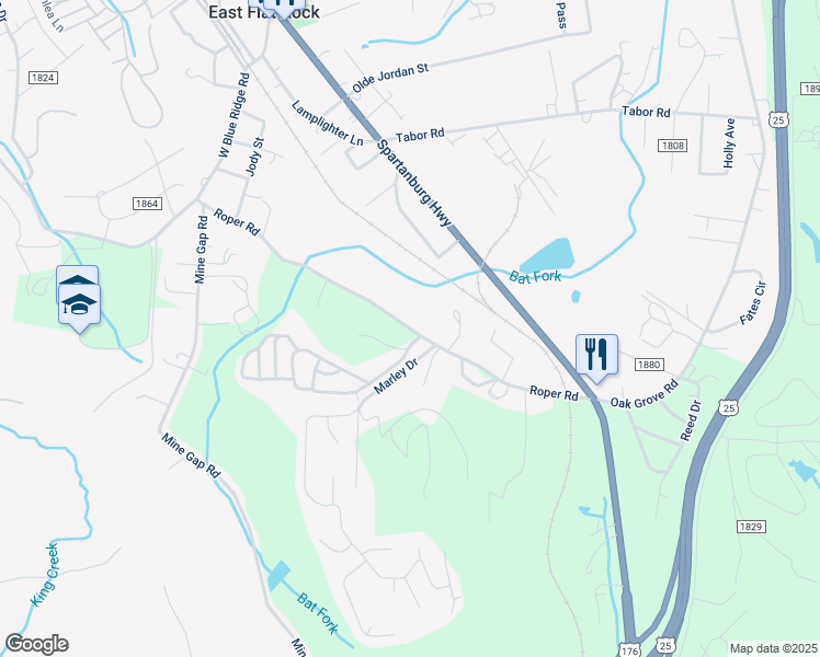 map of restaurants, bars, coffee shops, grocery stores, and more near Roper Road in Flat Rock