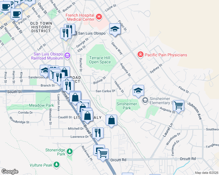 map of restaurants, bars, coffee shops, grocery stores, and more near 2375 Boulevard Del Campo in San Luis Obispo