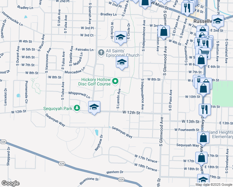 map of restaurants, bars, coffee shops, grocery stores, and more near 1000 South Laredo Avenue in Russellville