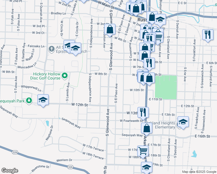 map of restaurants, bars, coffee shops, grocery stores, and more near South Glenwood Avenue in Russellville