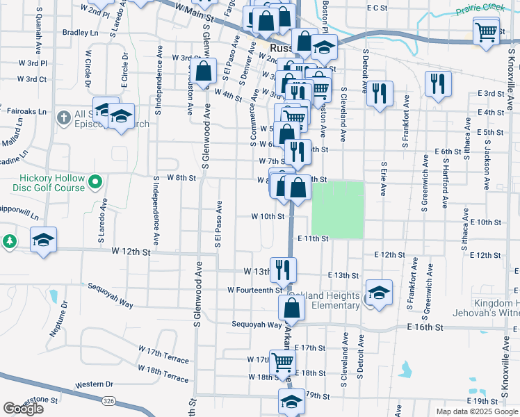 map of restaurants, bars, coffee shops, grocery stores, and more near 220 West 10th Street in Russellville
