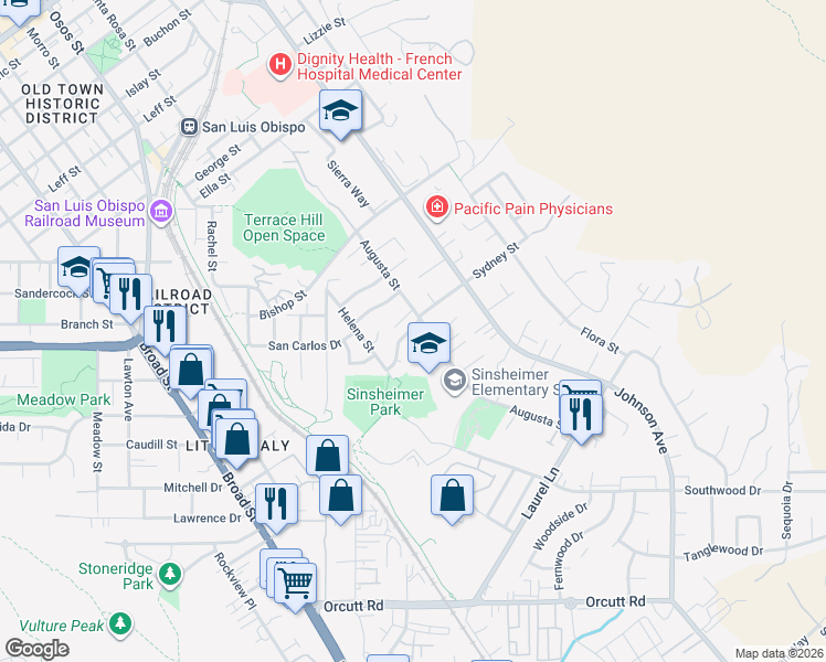 map of restaurants, bars, coffee shops, grocery stores, and more near 1239 Sydney Street in San Luis Obispo