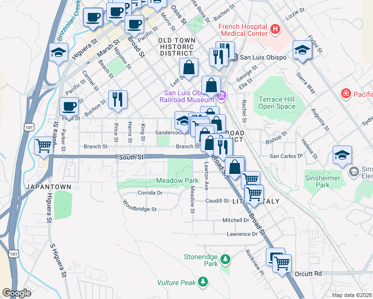 map of restaurants, bars, coffee shops, grocery stores, and more near 604 South Street in San Luis Obispo