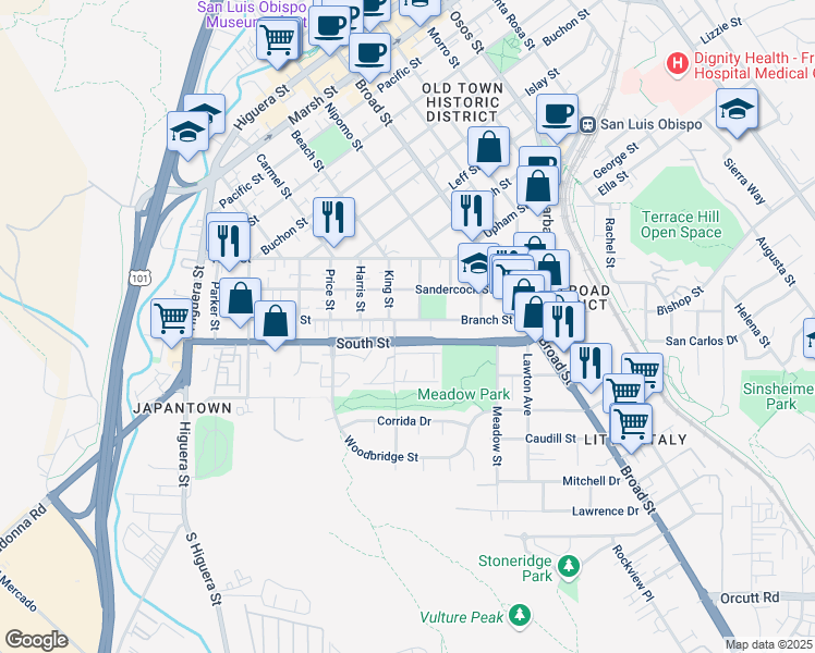 map of restaurants, bars, coffee shops, grocery stores, and more near in San Luis Obispo