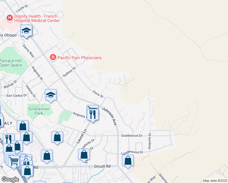 map of restaurants, bars, coffee shops, grocery stores, and more near 3152 Spring Court in San Luis Obispo