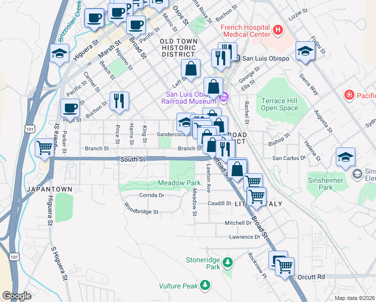 map of restaurants, bars, coffee shops, grocery stores, and more near 604 South Street in San Luis Obispo