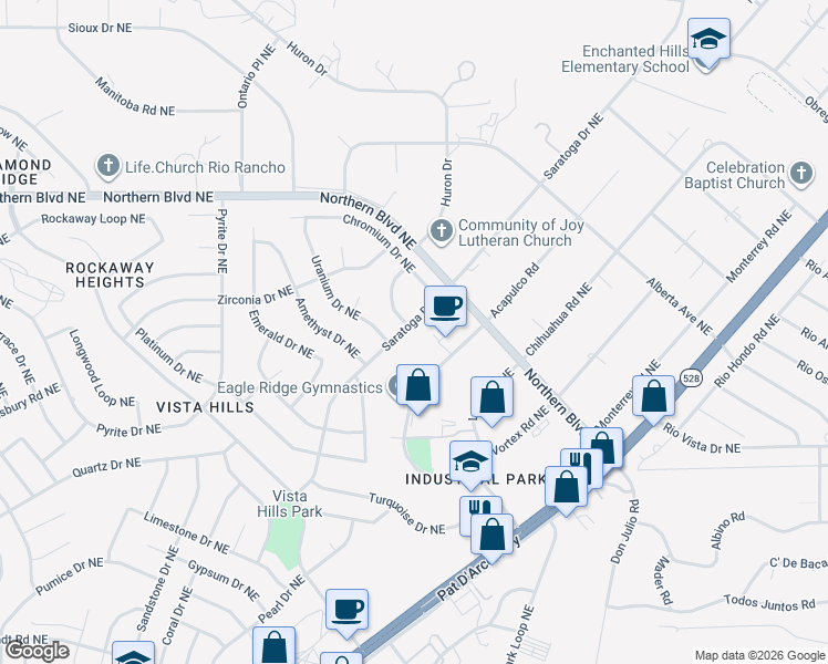 map of restaurants, bars, coffee shops, grocery stores, and more near 641 Quantum Road Northeast in Rio Rancho