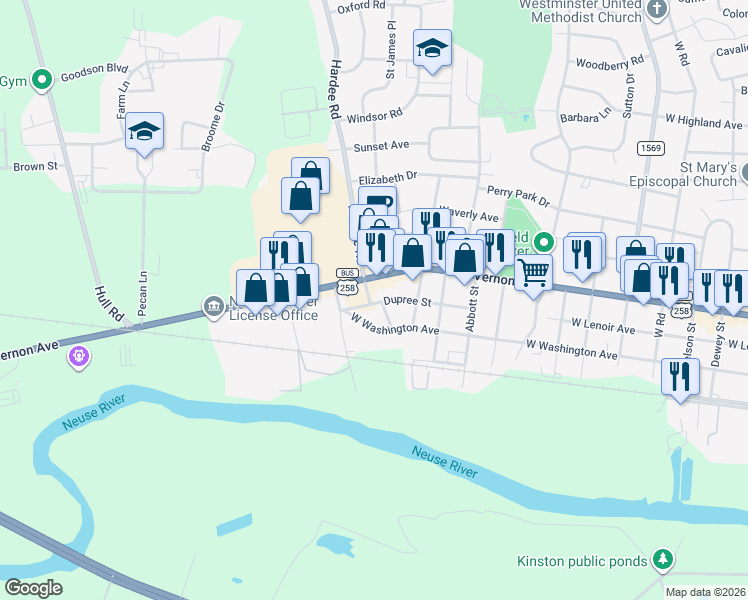 map of restaurants, bars, coffee shops, grocery stores, and more near 606 Spence Drive in Kinston