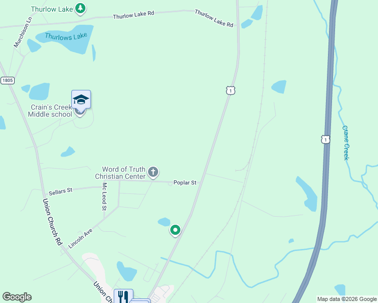 map of restaurants, bars, coffee shops, grocery stores, and more near 2908 U.S. 1 Business in Vass