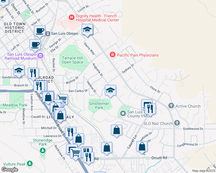 map of restaurants, bars, coffee shops, grocery stores, and more near 2575 Augusta Street in San Luis Obispo