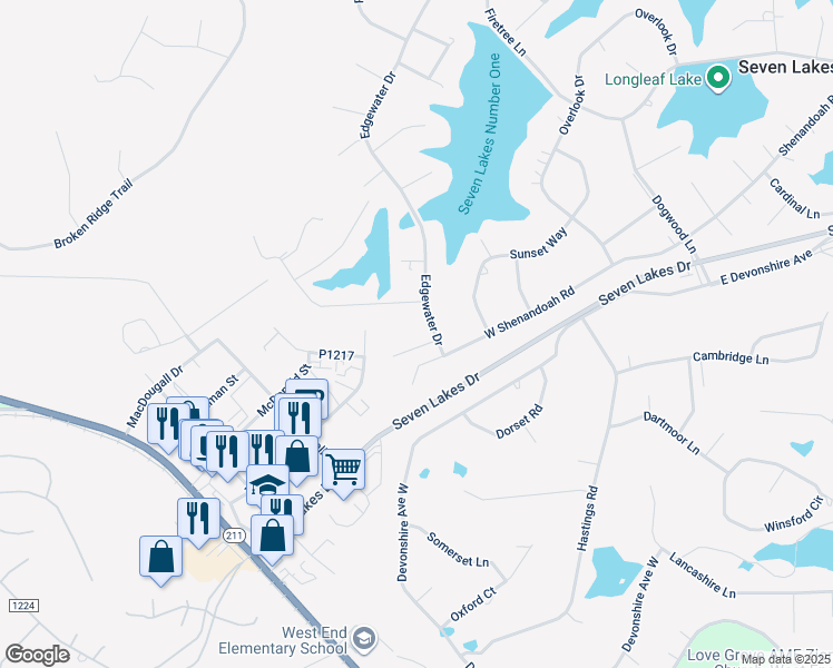 map of restaurants, bars, coffee shops, grocery stores, and more near 104 Lakewood Drive in Pinehurst
