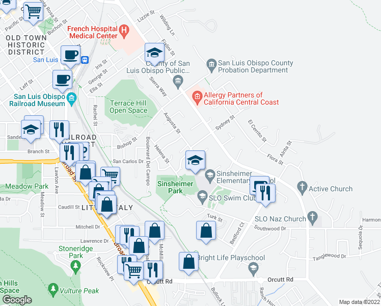 map of restaurants, bars, coffee shops, grocery stores, and more near 2505 Augusta Street in San Luis Obispo