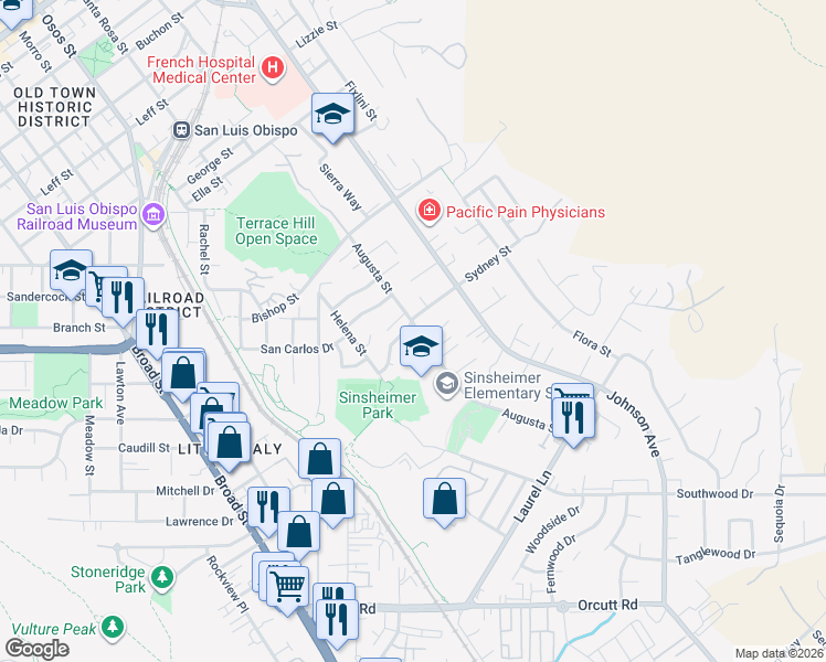 map of restaurants, bars, coffee shops, grocery stores, and more near 2575 Augusta Street in San Luis Obispo