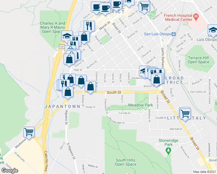 map of restaurants, bars, coffee shops, grocery stores, and more near 2220 Exposition Drive in San Luis Obispo