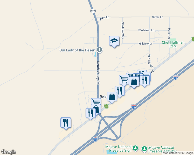 map of restaurants, bars, coffee shops, grocery stores, and more near 57228 Death Valley Road in Baker