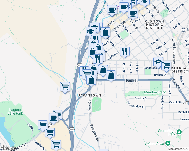 map of restaurants, bars, coffee shops, grocery stores, and more near in San Luis Obispo