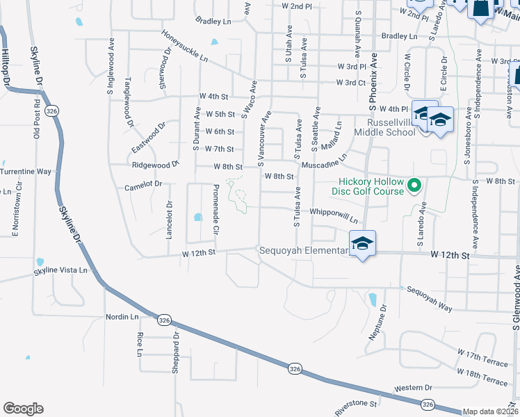 map of restaurants, bars, coffee shops, grocery stores, and more near 1010 S Vancouver Ave in Russellville
