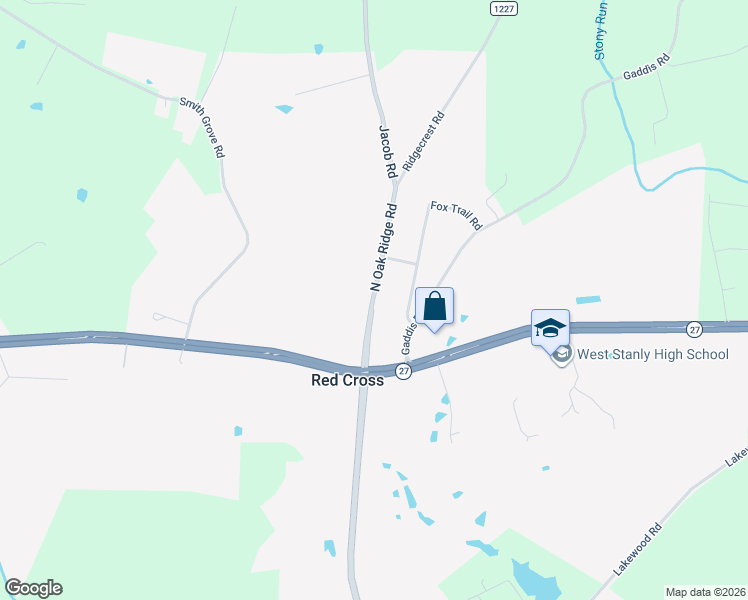 map of restaurants, bars, coffee shops, grocery stores, and more near State Road 1227 in Oakboro