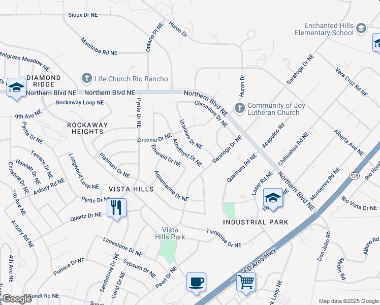 map of restaurants, bars, coffee shops, grocery stores, and more near 713 Amethyst Drive Northeast in Rio Rancho