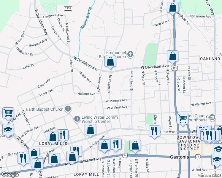 map of restaurants, bars, coffee shops, grocery stores, and more near 620 North Weldon Street in Gastonia