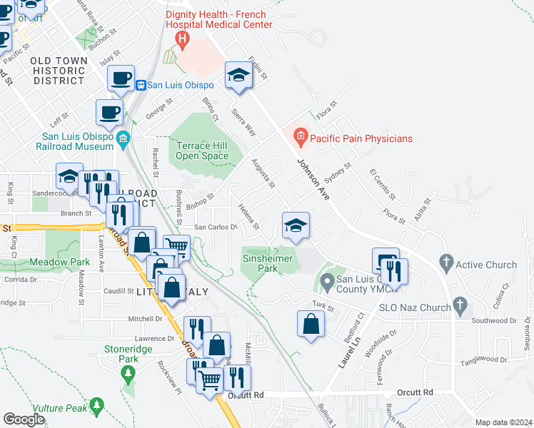 map of restaurants, bars, coffee shops, grocery stores, and more near 1239 Sydney Street in San Luis Obispo