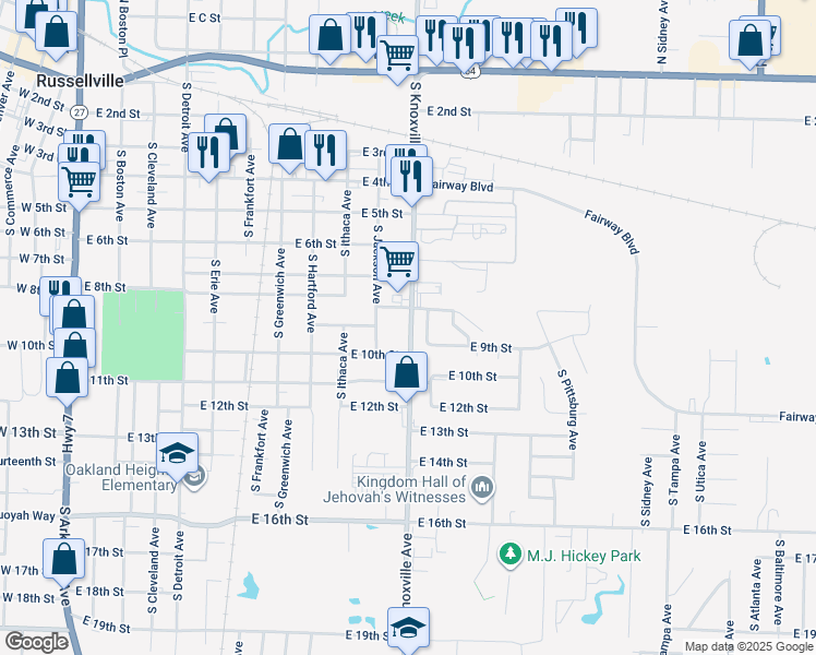 map of restaurants, bars, coffee shops, grocery stores, and more near 907 South Jackson Avenue in Russellville