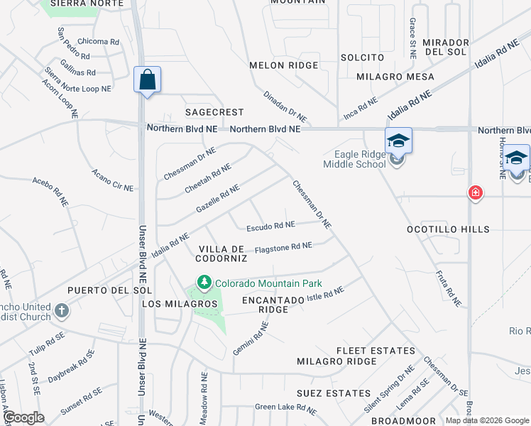 map of restaurants, bars, coffee shops, grocery stores, and more near 2316 Escudo Road Northeast in Rio Rancho