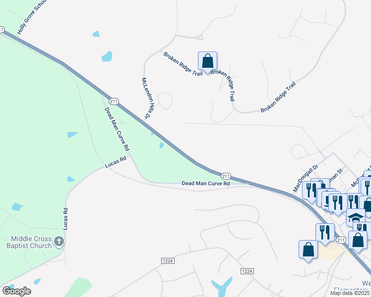 map of restaurants, bars, coffee shops, grocery stores, and more near North Carolina 211 in Seven Lakes
