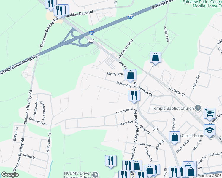 map of restaurants, bars, coffee shops, grocery stores, and more near 2414 Sunset Avenue in Gastonia