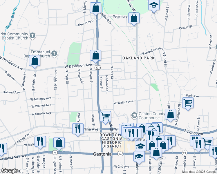 map of restaurants, bars, coffee shops, grocery stores, and more near 608 North Moran Street in Gastonia